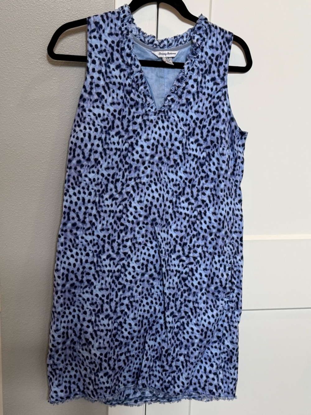 Tommy Bahama Women’s Light Blue and Navy Animal Print Ruffle Neck Dress, Small